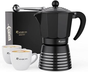Stovetop Espresso Maker 6 Cup 300ml, Aluminum Moka Pot Gift Set, Italian Cuban Greca Coffee, Easy To Use & Clean - Set Including 2 Cups, Spoon, B (Color: Black)